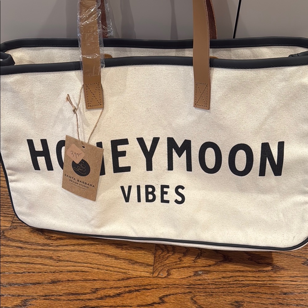 Cream Tote Bag with HONEYMOON VIBES and Leather Handles